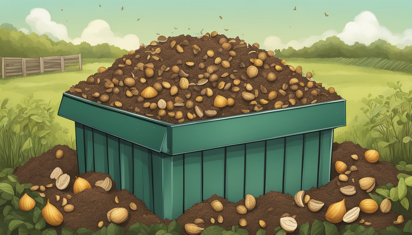 A compost bin filled with walnut shells and organic waste