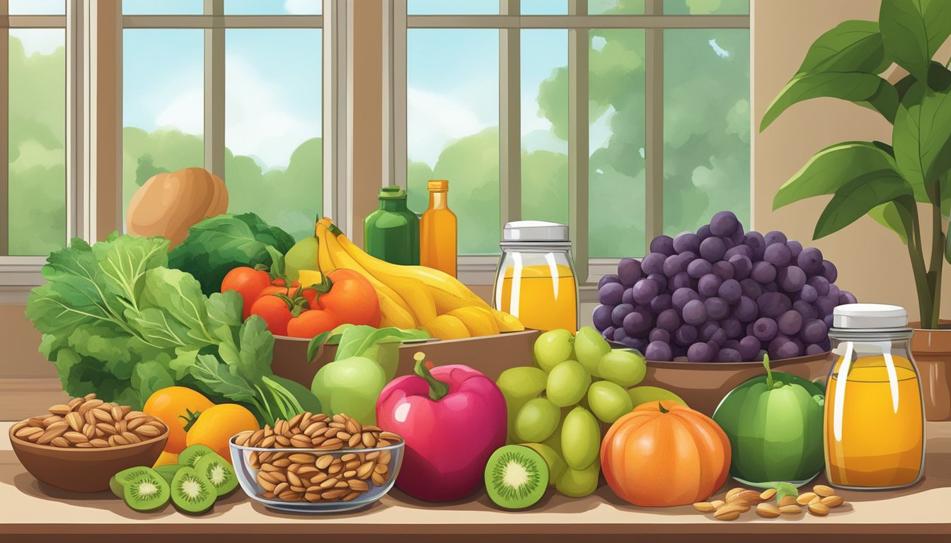 A colorful array of fresh fruits and vegetables, alongside containers of nuts and seeds, with a bottle of vitamins in the background