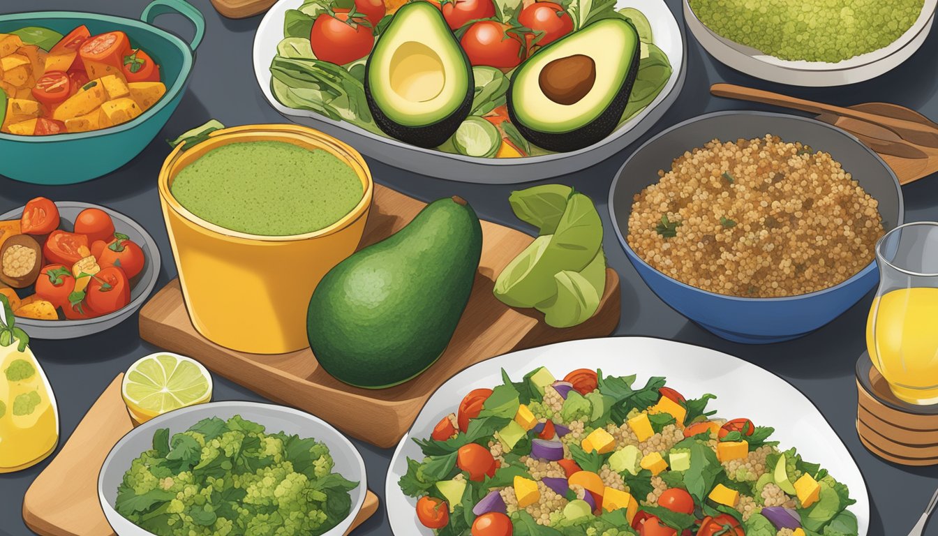 A table set with colorful, fresh ingredients like avocado, quinoa, and grilled vegetables, alongside a menu featuring healthy options at California Pizza Kitchen