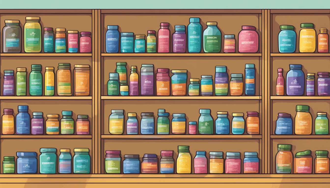 A colorful array of supplement bottles and jars on shelves, with labels promoting health and wellness