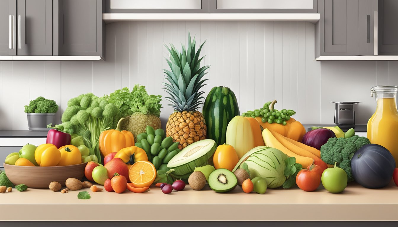 A colorful array of fresh fruits, vegetables, and whole grains displayed on a clean, modern kitchen counter