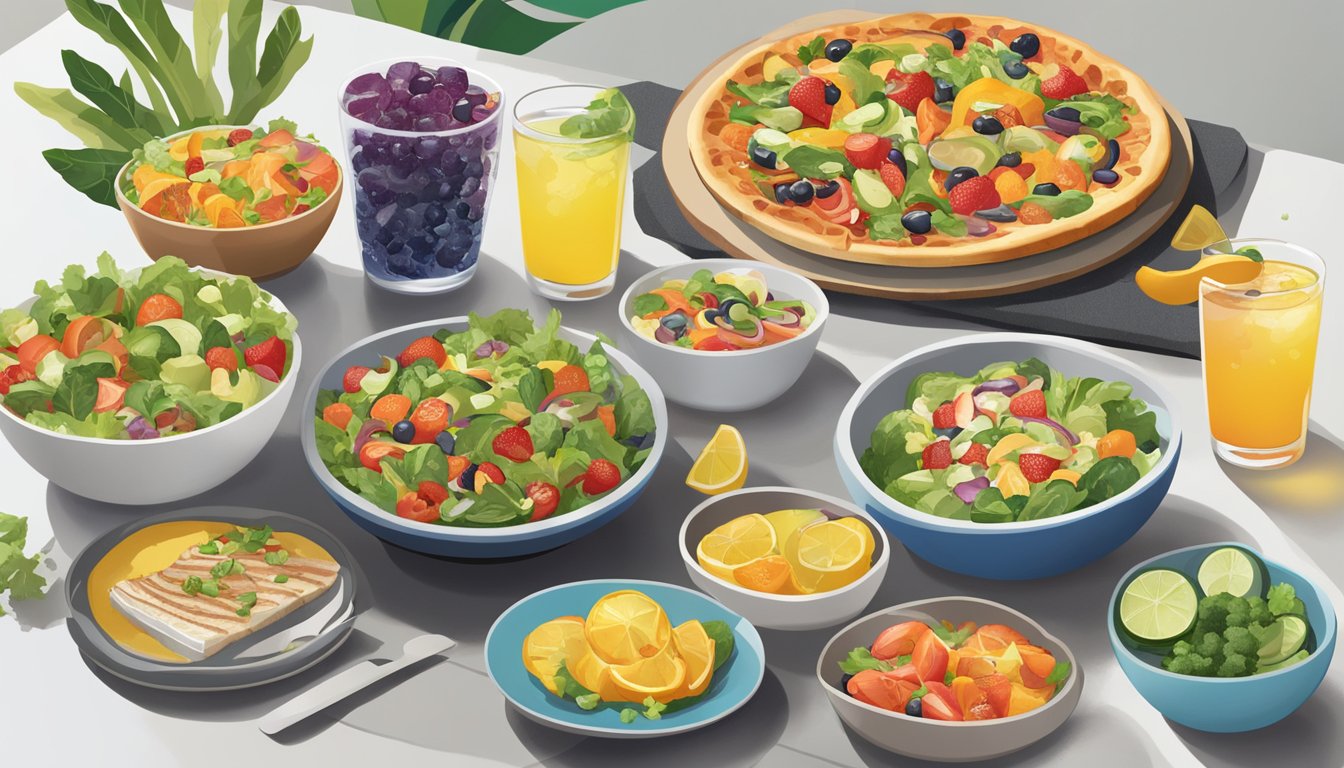 A table with a variety of fresh, colorful dishes and beverages, including salads, grilled vegetables, and fruit-infused water, set against a backdrop of the California Pizza Kitchen logo