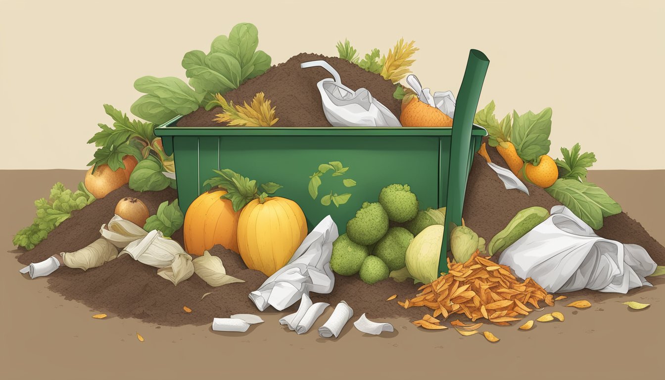 A pile of compostable materials including used tissues, fruit peels, and vegetable scraps surrounded by a compost bin and a shovel