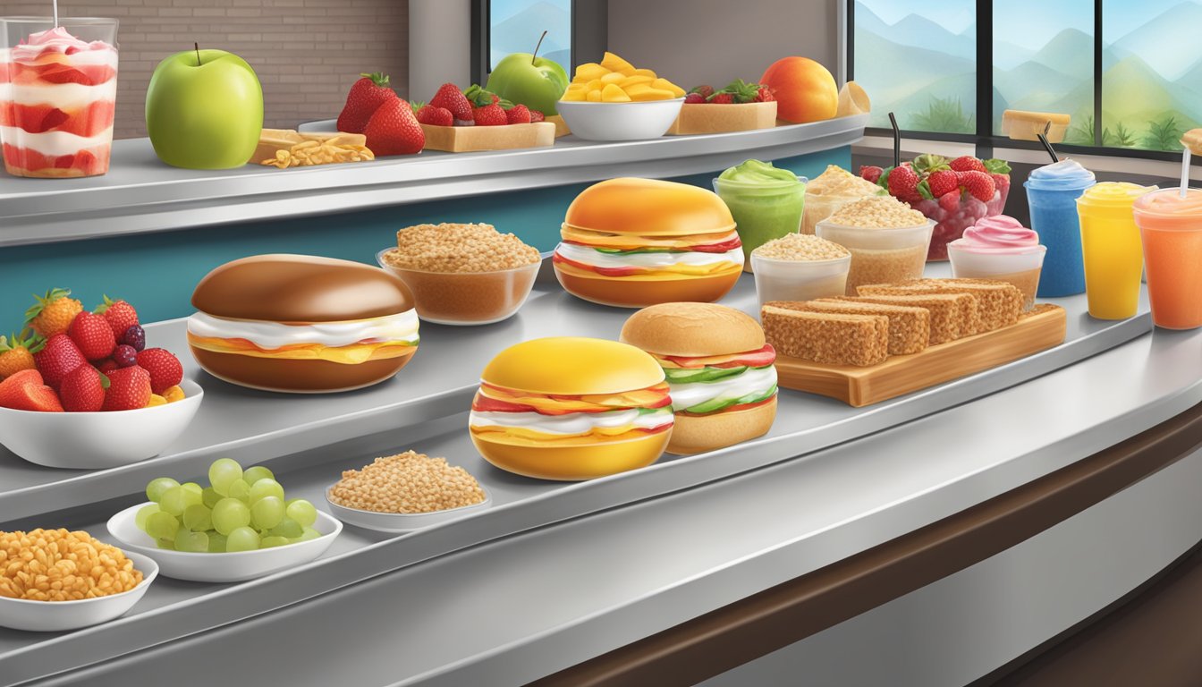 A colorful display of fresh fruits, yogurt parfaits, and whole grain sandwiches at a Tim Hortons counter