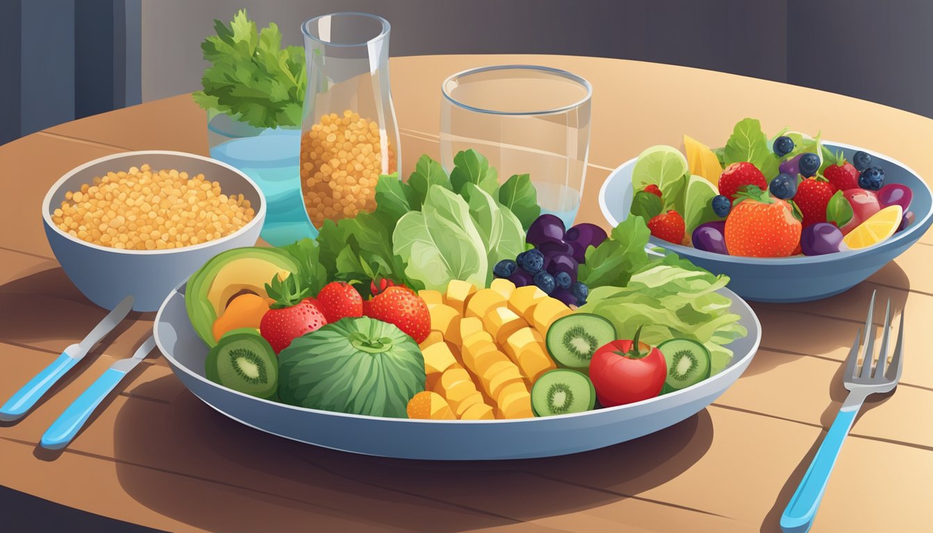 A table set with a variety of fresh fruits, vegetables, and whole grains. A bowl of colorful salad and a glass of water are also present