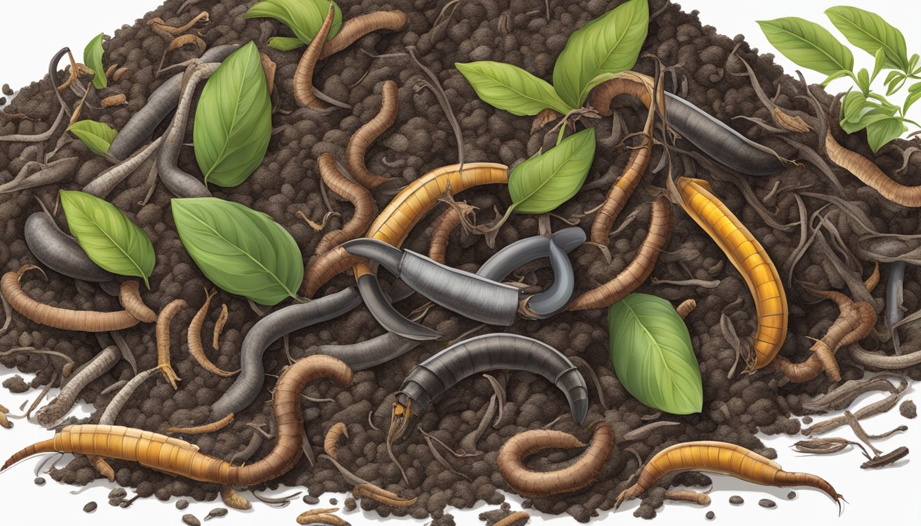 A pile of composting materials, including vanilla beans, surrounded by earthworms and other decomposers