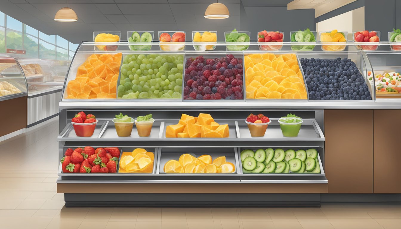 A display of fresh fruit, yogurt parfaits, and vegetable wraps at a Tim Hortons counter