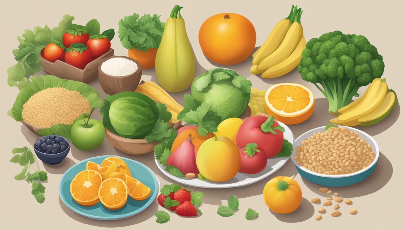 A variety of fresh fruits, vegetables, whole grains, and lean proteins displayed on a table. Nutritional information charts hang on the wall