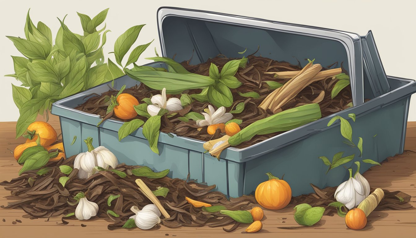 A pile of kitchen scraps, including vanilla beans, decomposing in a compost bin