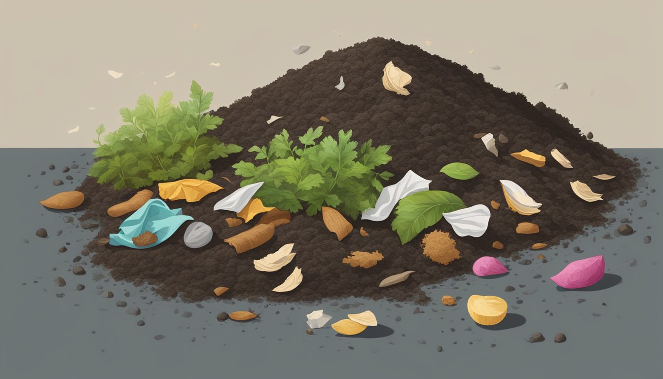 A pile of compost with various organic materials, including used tissues, decomposing and enriching the soil