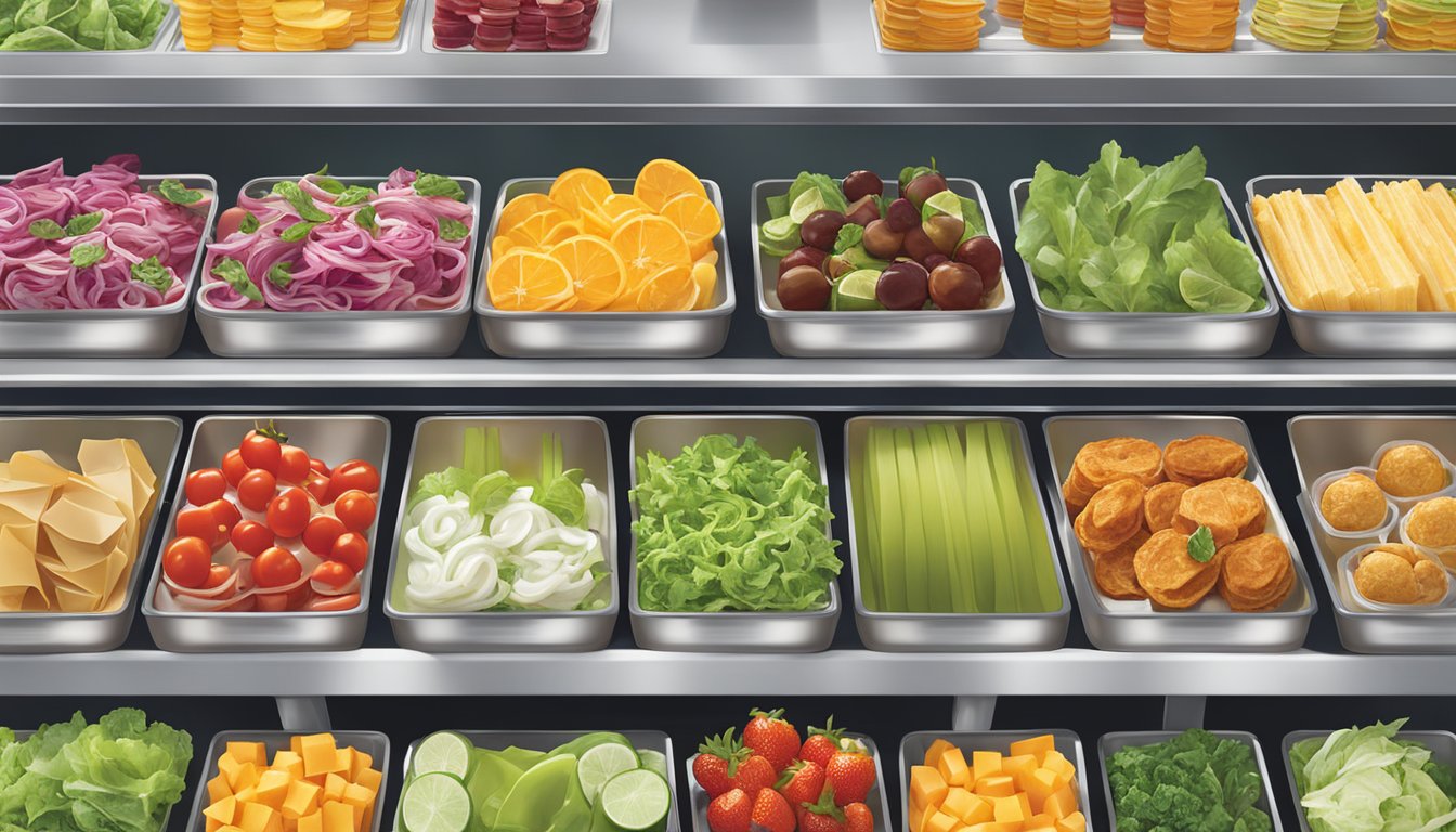 A colorful array of fresh salads, wraps, and fruit cups displayed on a clean, modern counter at Tim Hortons