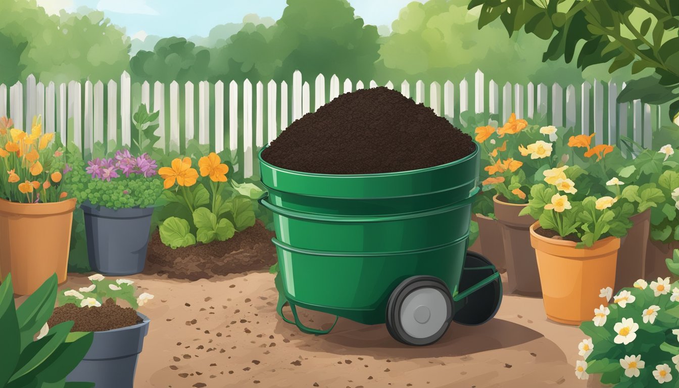 A pile of vegetable peelings being added to a compost bin filled with finished compost, surrounded by a garden setting with plants and flowers in the background