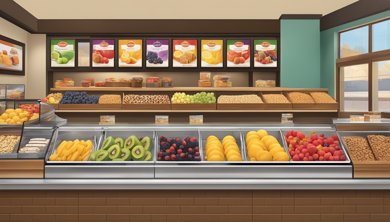 A colorful display of fresh fruits, granola bars, and whole grain muffins at a Tim Hortons counter