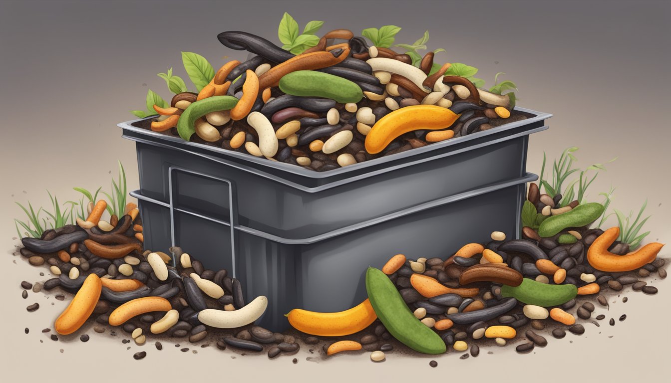 A pile of assorted beans, including vanilla beans, decomposing in a compost bin surrounded by earthworms and other decomposers