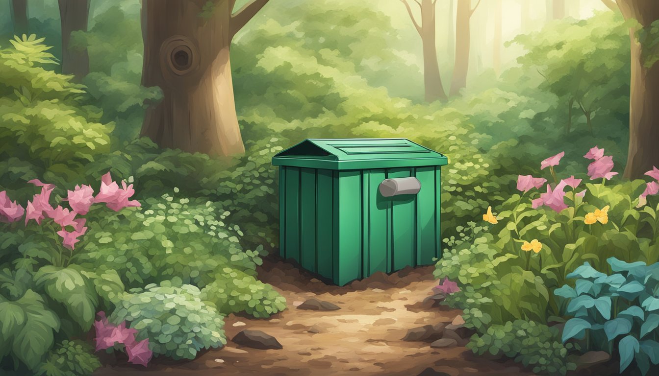 A compost bin with used tissues surrounded by thriving plants and trees