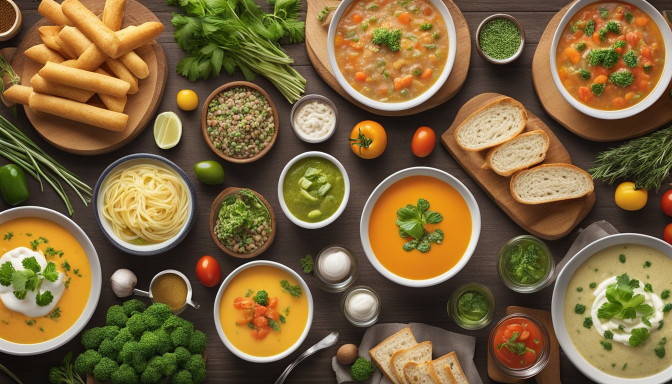 A colorful display of various soups and breadsticks arranged on a rustic wooden table, surrounded by fresh herbs and vegetables, evoking a sense of wholesome and healthy dining options at Olive Garden in 2023