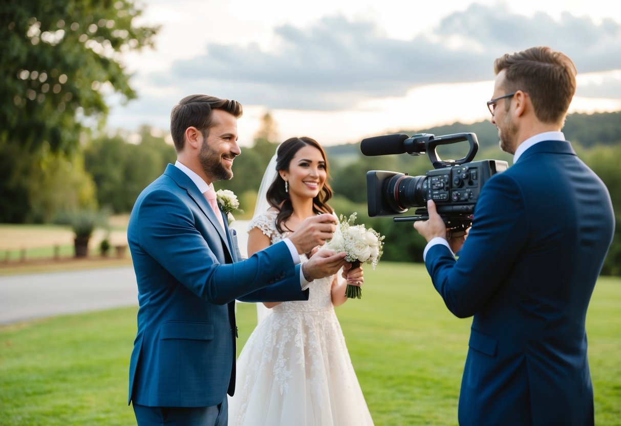 A wedding videographer filming a bride and groom exchanging vows in a picturesque outdoor setting
