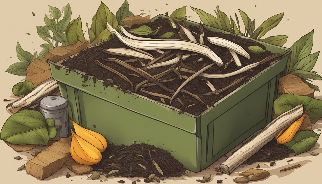 Vanilla beans decomposing in a compost bin, surrounded by organic waste and earthy materials