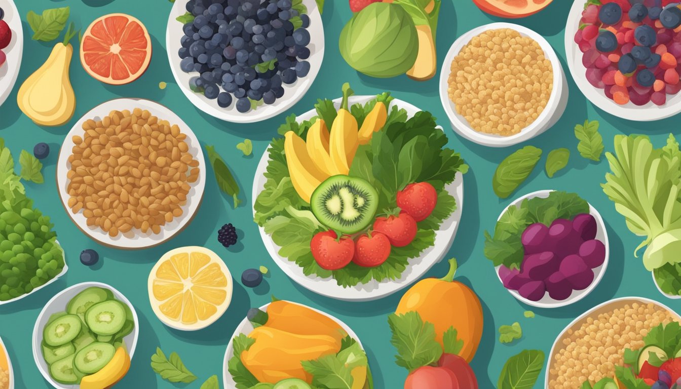 A table displaying a variety of fresh fruits, vegetables, and whole grains, with a chef preparing a colorful salad