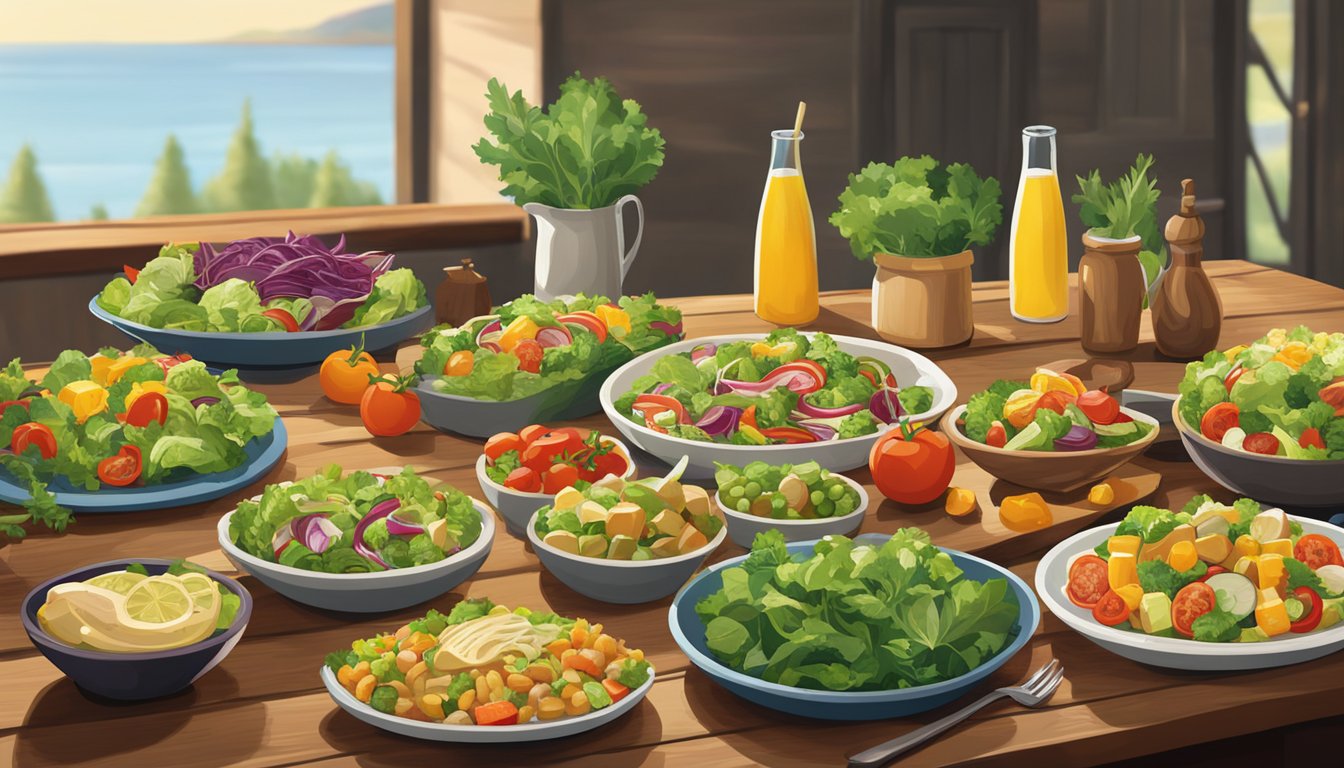 A colorful array of fresh salads, grilled vegetables, and lean proteins displayed on a rustic wooden table at an Olive Garden restaurant in 2023