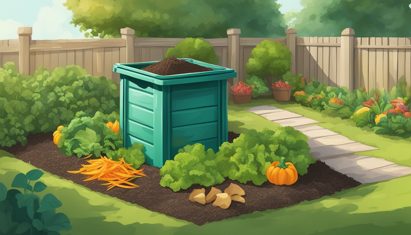 A compost bin filled with vegetable peelings, surrounded by a lush garden