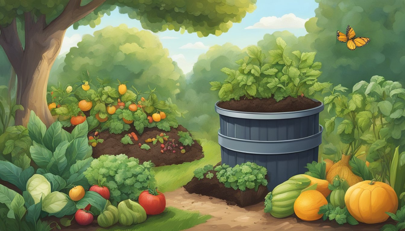 A lush garden with a variety of fruits and vegetables growing in nutrient-rich soil, surrounded by trees and wildlife. A compost bin sits in the corner, filled with organic waste, including vanilla beans