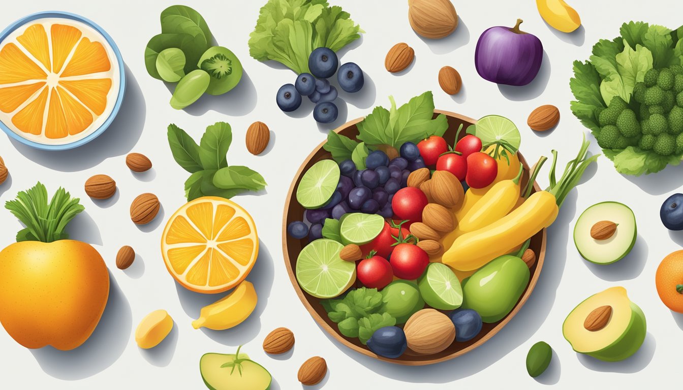 A colorful array of fresh fruits and vegetables arranged on a clean, white surface, with a small bowl of nuts and a glass of water nearby