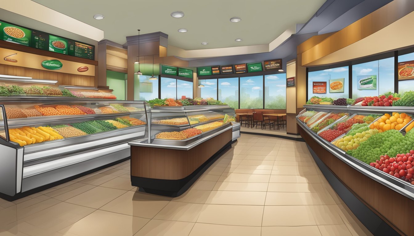 A colorful display of fresh fruits, salads, and whole grain options at a Tim Hortons restaurant