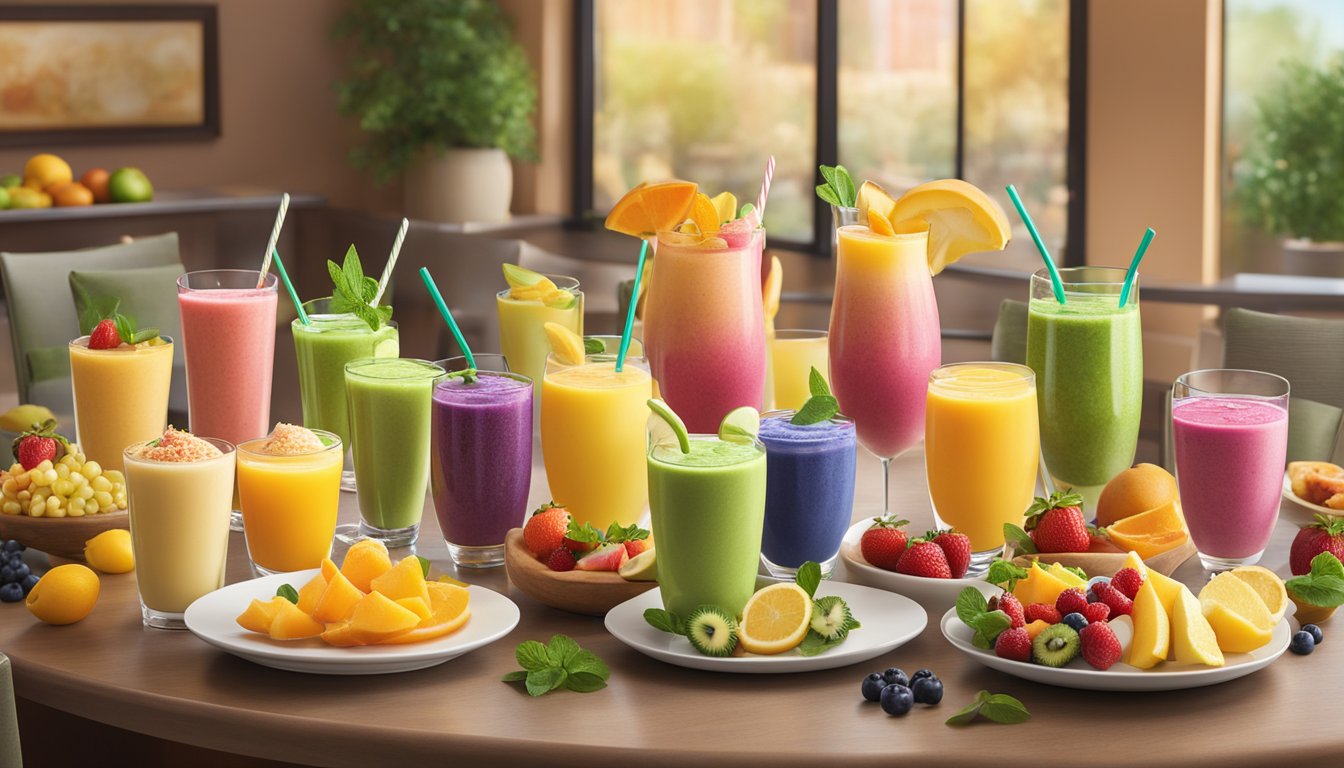 A colorful array of fresh fruit smoothies, salads, and decadent desserts displayed on a modern, inviting table at Olive Garden in 2023