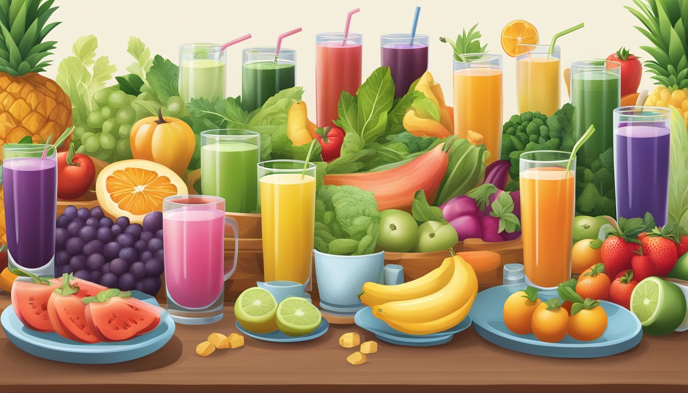 A colorful array of fresh fruits and vegetables displayed next to a variety of beverages, including smoothies and herbal teas