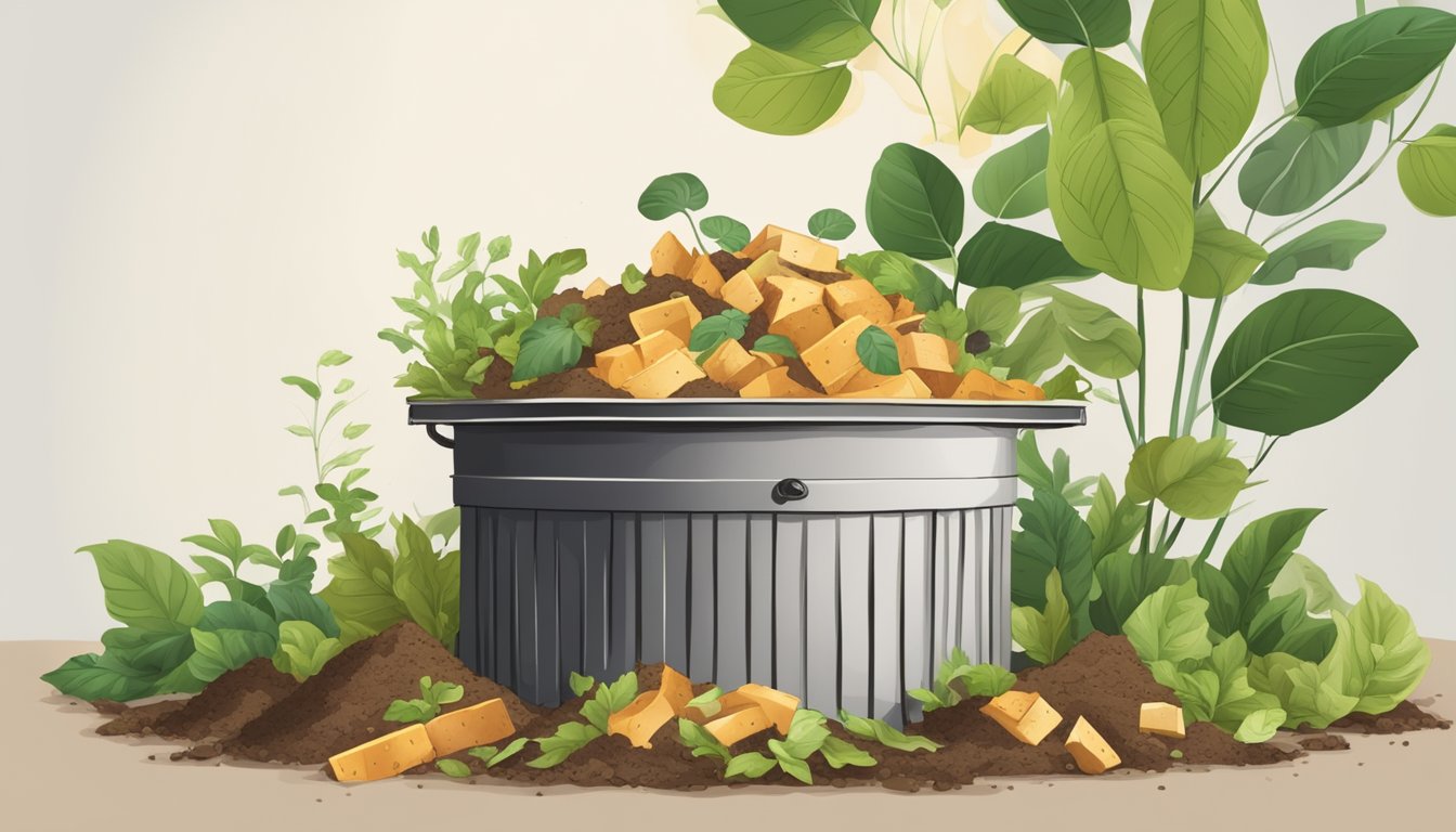 A pile of food scraps, including tofu, surrounded by leaves and soil in a compost bin