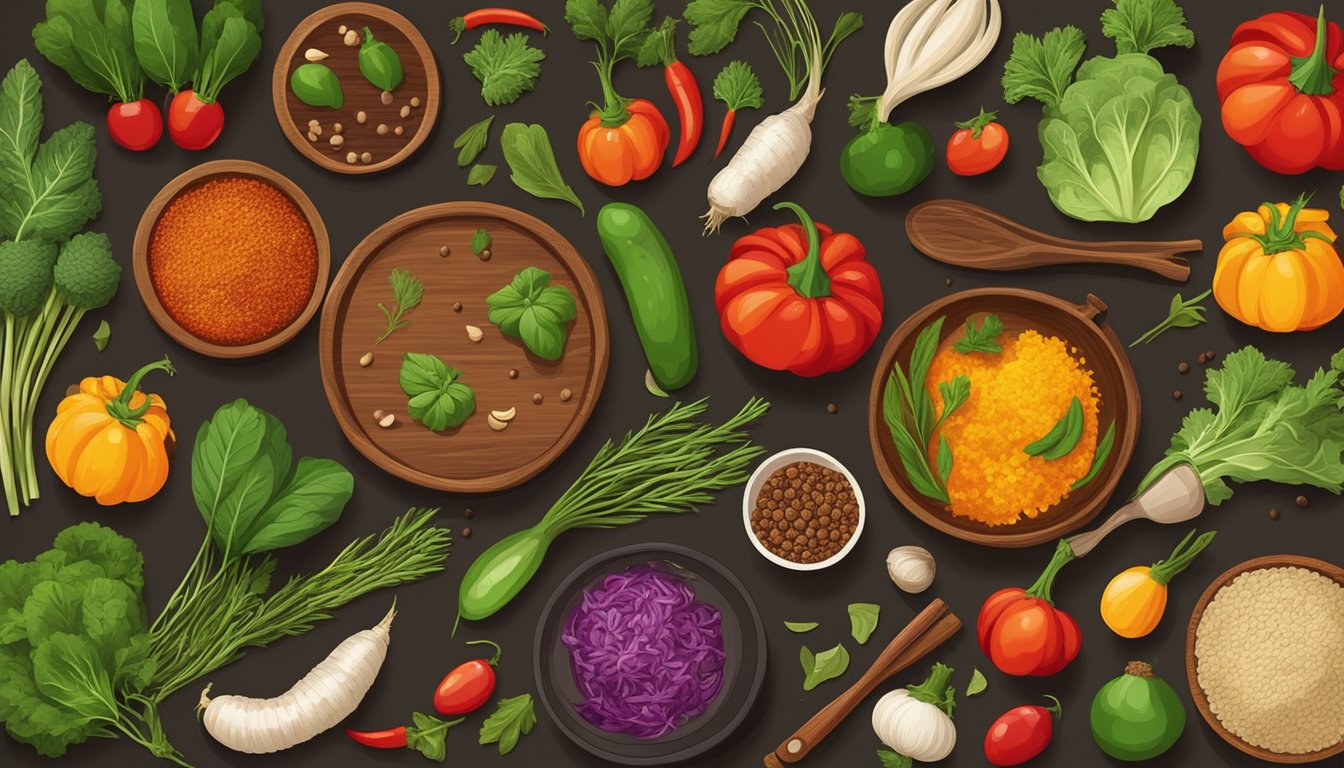 A colorful array of fresh vegetables, aromatic spices, and vibrant herbs arranged on a wooden table, with traditional Indian cookware in the background