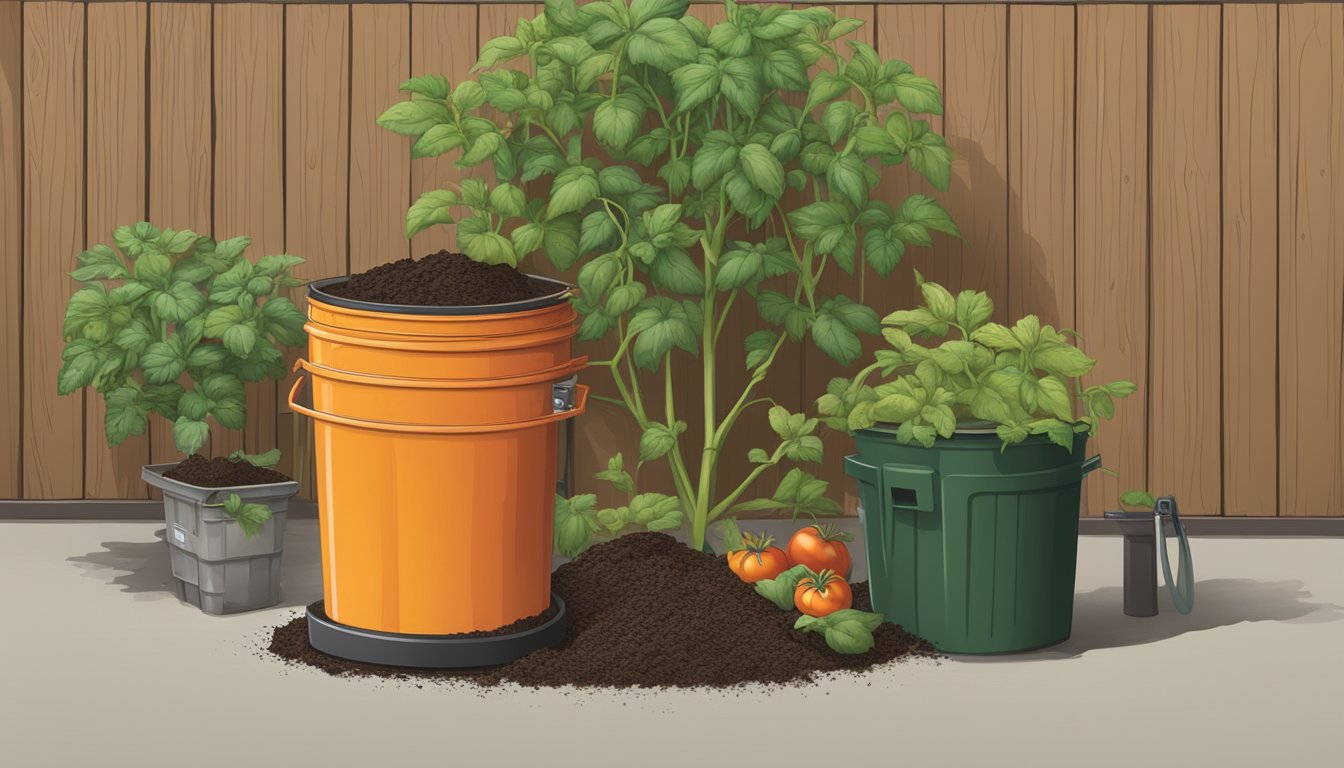 Tomato stems and compost bin with disease management tools