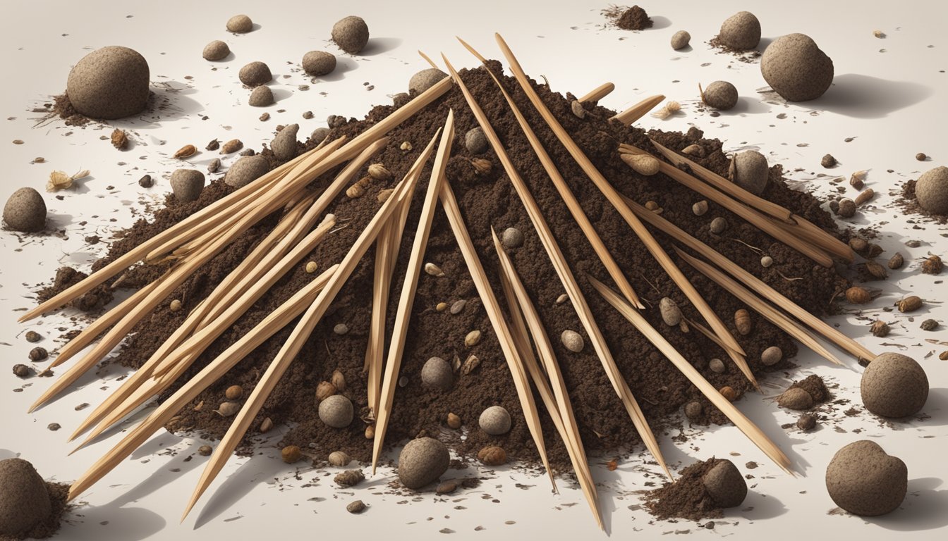 A pile of toothpicks scattered on a bed of rich, dark soil, surrounded by decomposing organic matter and small insects