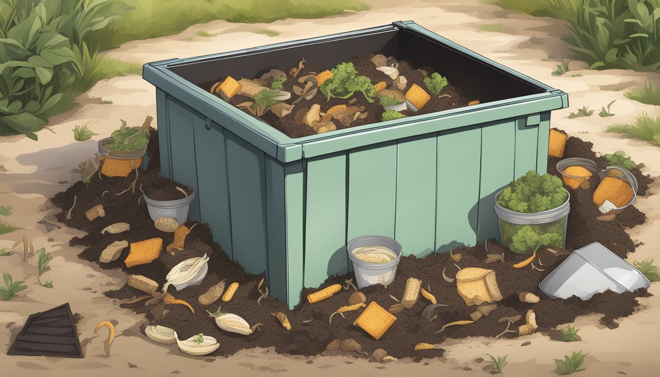 A compost bin filled with non-vegetarian food scraps, including tofu, surrounded by decomposing organic matter and earthworms