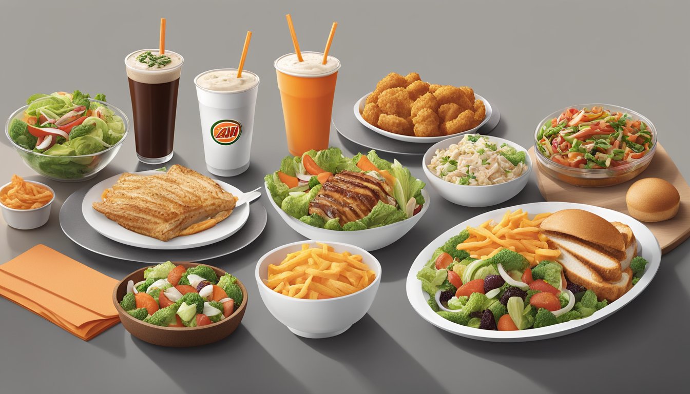 A&W menu items arranged on a table, featuring a variety of healthier options such as salads, grilled chicken, and vegetable sides