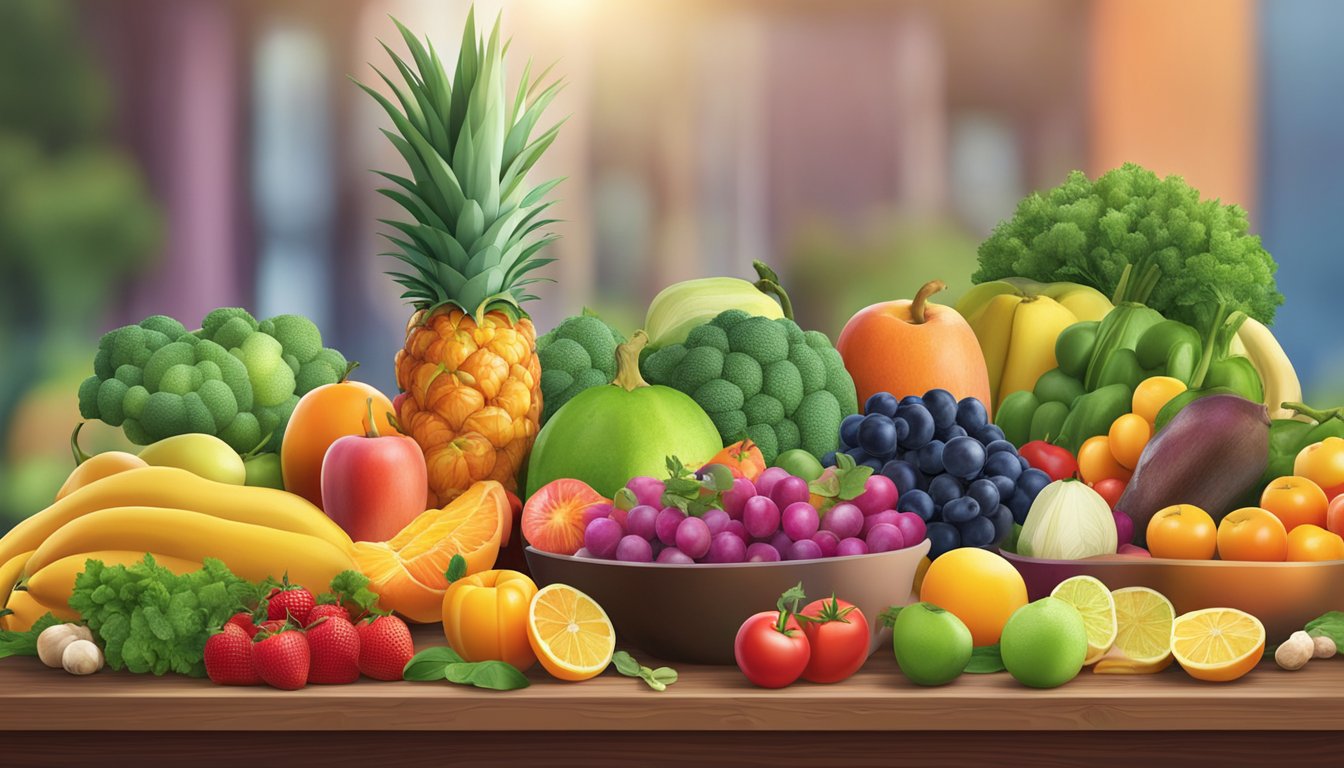 A colorful array of fresh fruits, vegetables, and lean proteins displayed on a wooden table with a bright, inviting backdrop