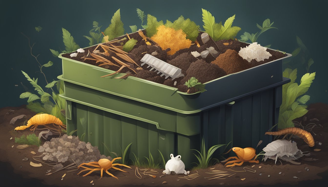 A compost bin filled with organic waste, including toothpicks, surrounded by decomposing materials and earthworms