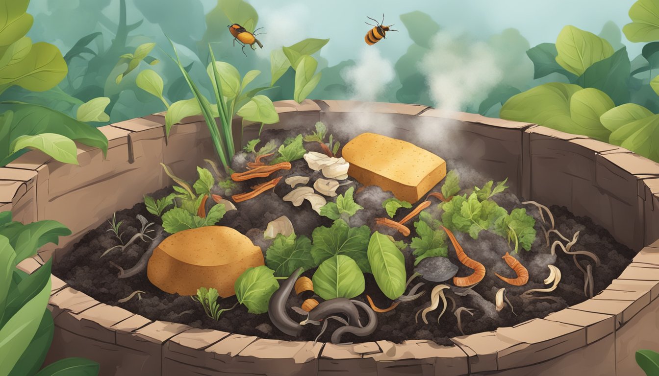 A compost pile with various food scraps, including tofu, surrounded by earthworms and emitting steam