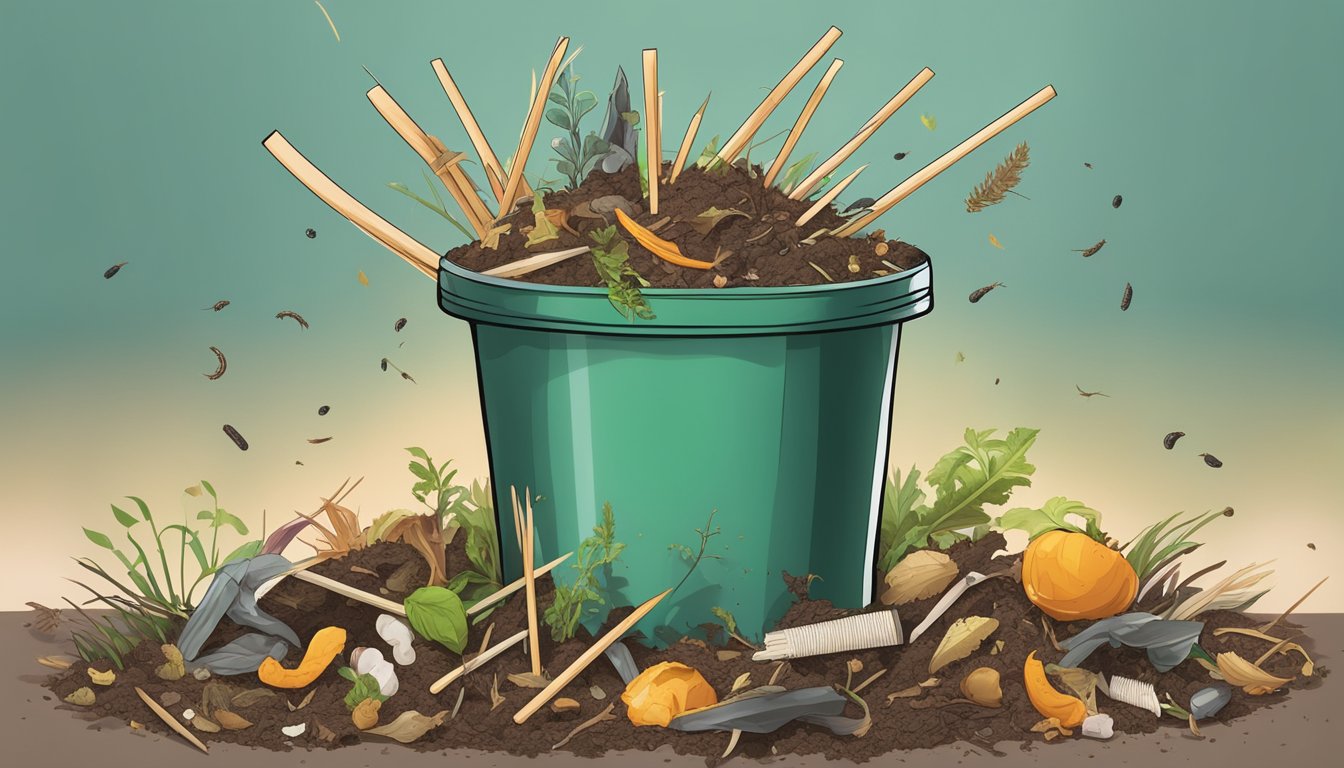 Toothpicks scattered among food scraps in a compost pile, surrounded by decomposing organic matter and earthworms