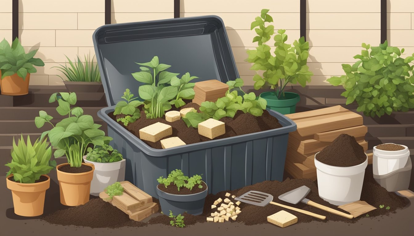 A pile of tofu scraps mixed with soil in a compost bin, surrounded by various gardening tools and potted plants