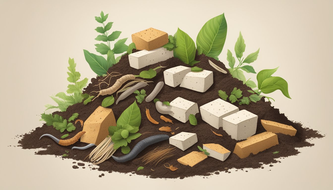 A pile of compostable materials, including tofu, surrounded by decomposing organic matter and earthworms