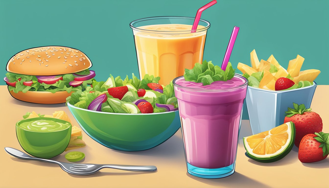 A colorful salad and a fresh fruit smoothie on a table, surrounded by tempting but high-calorie fast food options