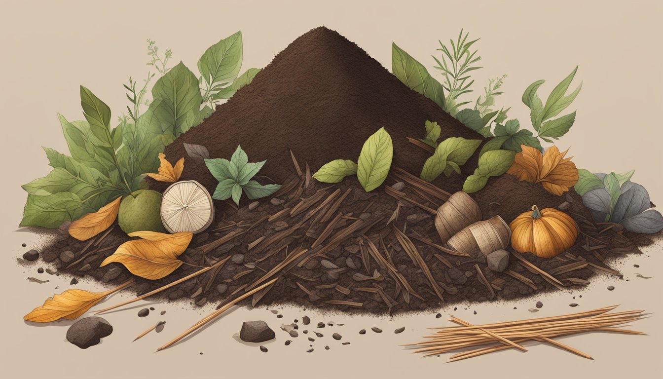 A pile of compost with toothpicks scattered throughout, surrounded by various organic materials and earthy textures