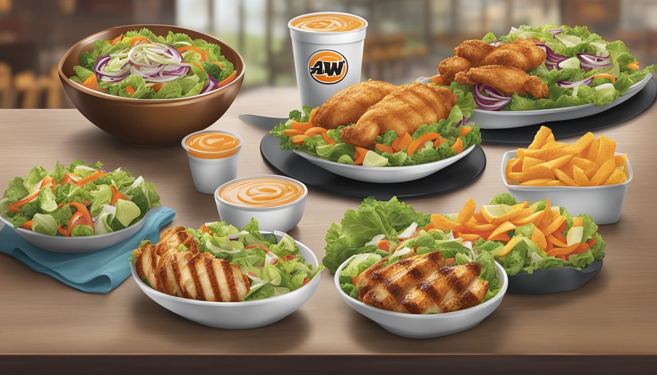 A&W restaurant with fresh salads, grilled chicken, and vegetable sides displayed on the menu board