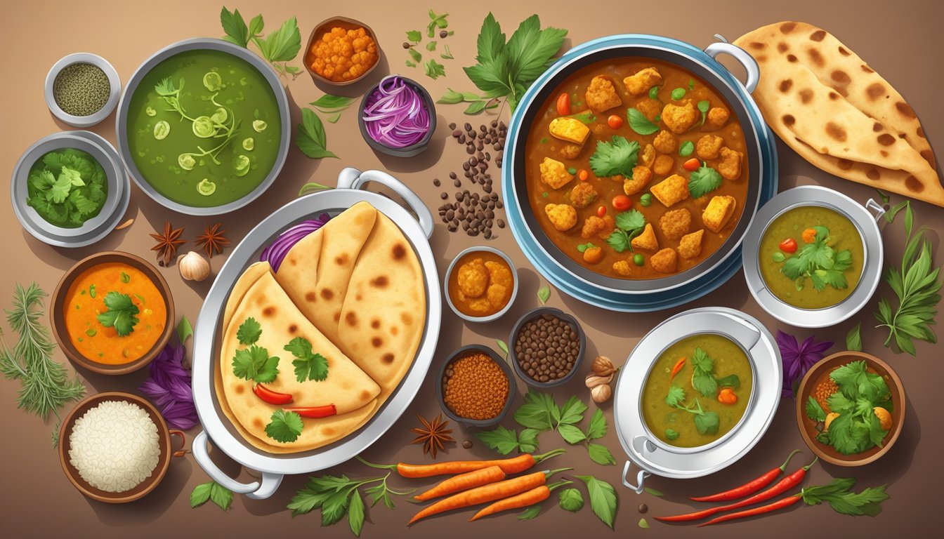 A table set with colorful, aromatic Indian dishes, including vegetable curry, lentil soup, and fresh naan bread, surrounded by vibrant spices and herbs