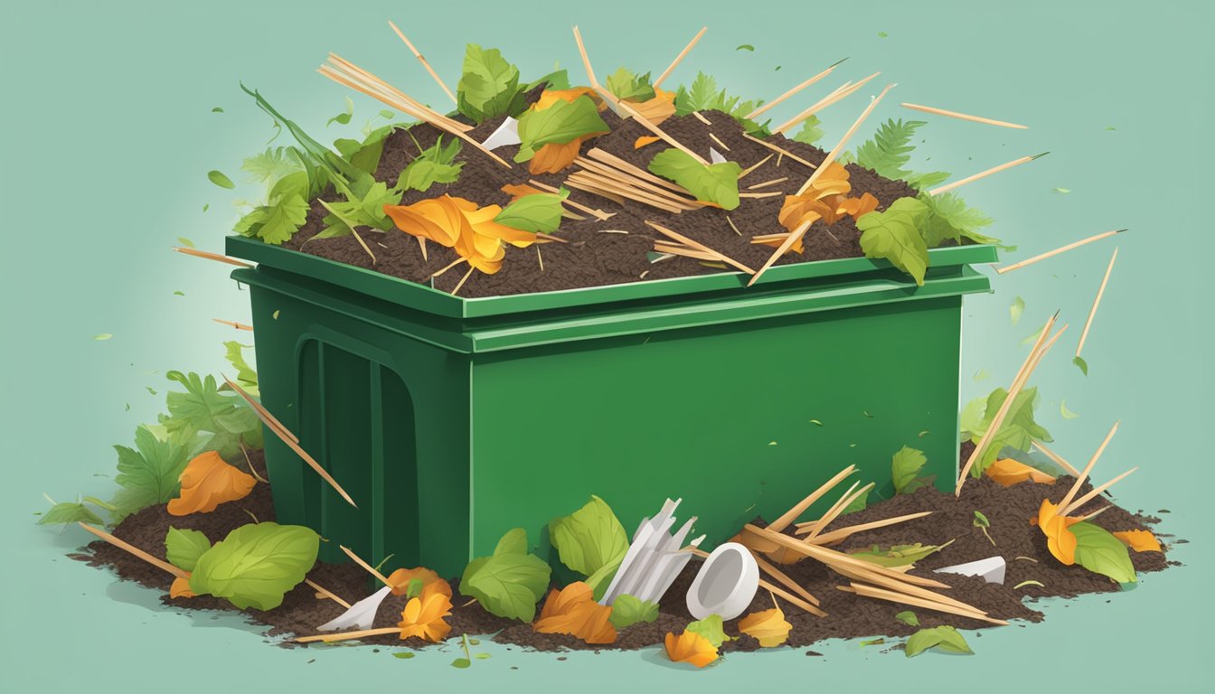 A compost bin with toothpicks breaking down among organic waste