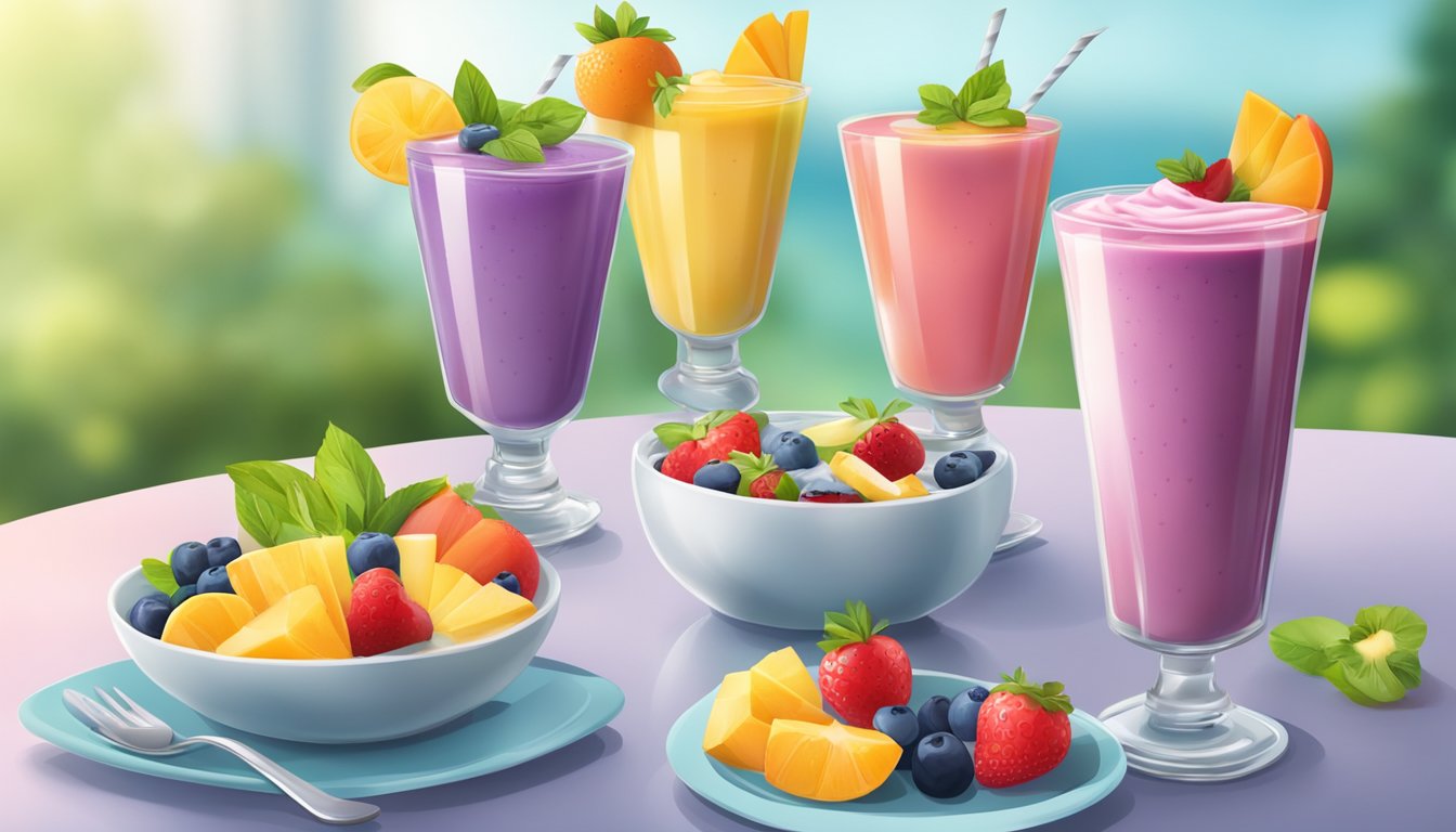 A table set with colorful fruit salad, yogurt parfaits, and fresh smoothies at a cafe