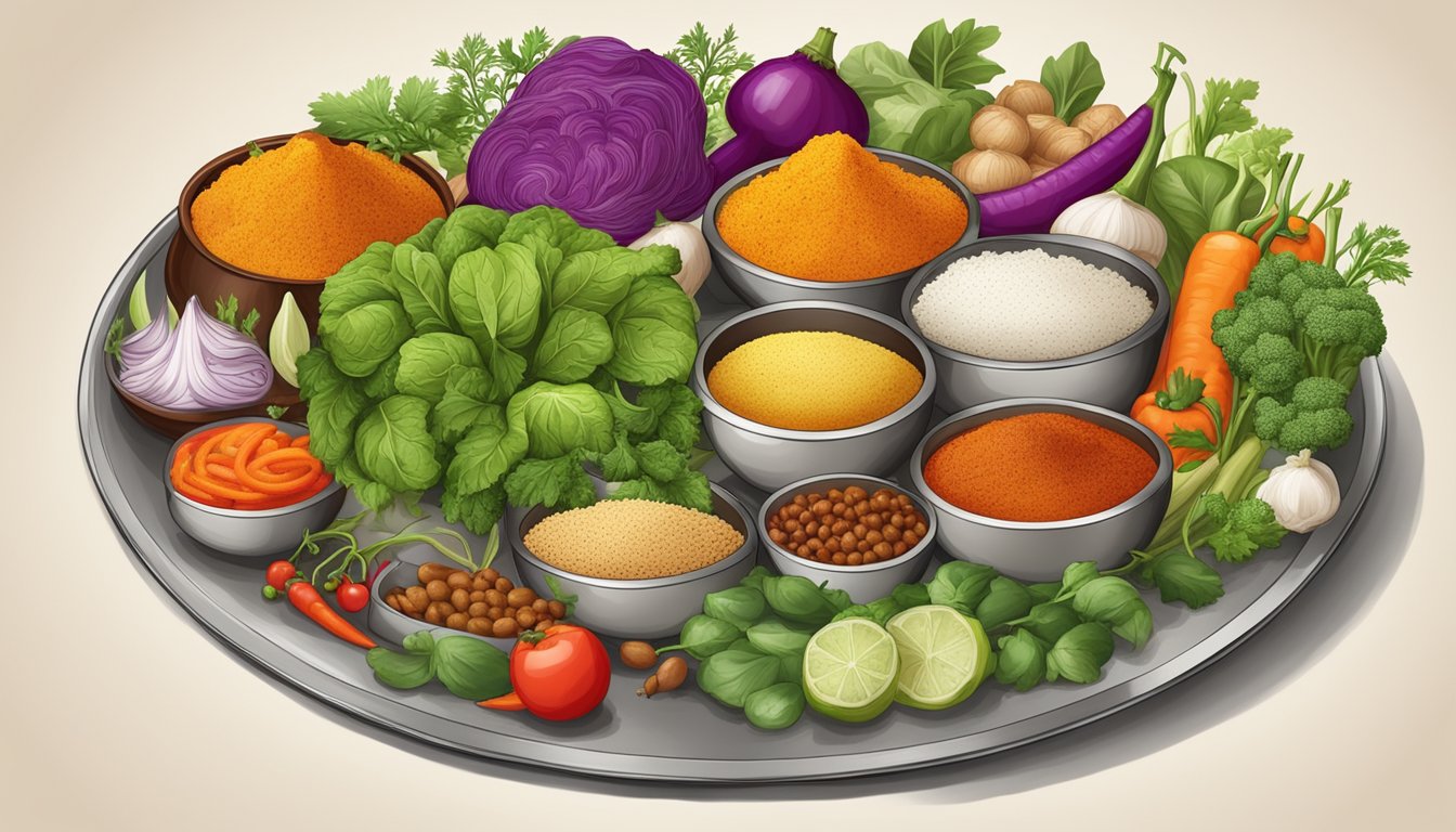 A colorful array of fresh vegetables and aromatic spices arranged around a plate of steaming, flavorful Indian cuisine