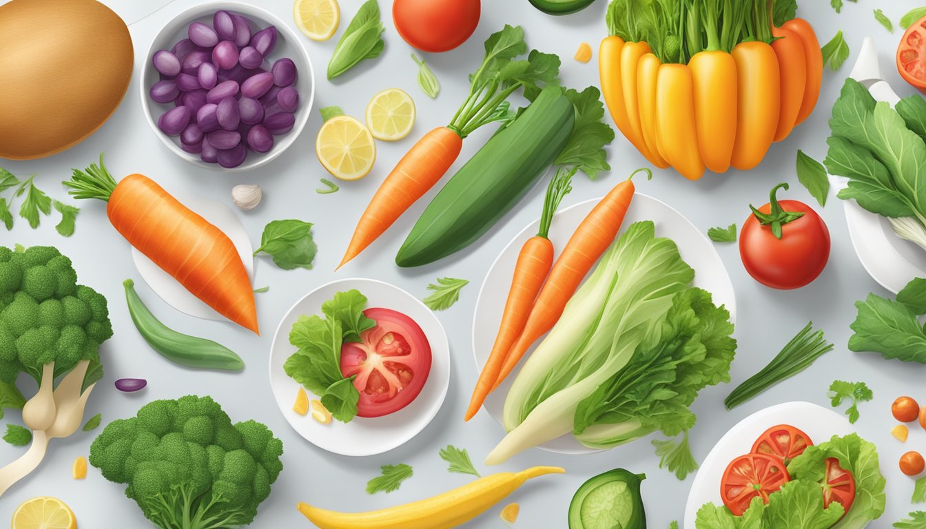 A colorful array of fresh vegetables and lean proteins displayed on a clean, modern table setting